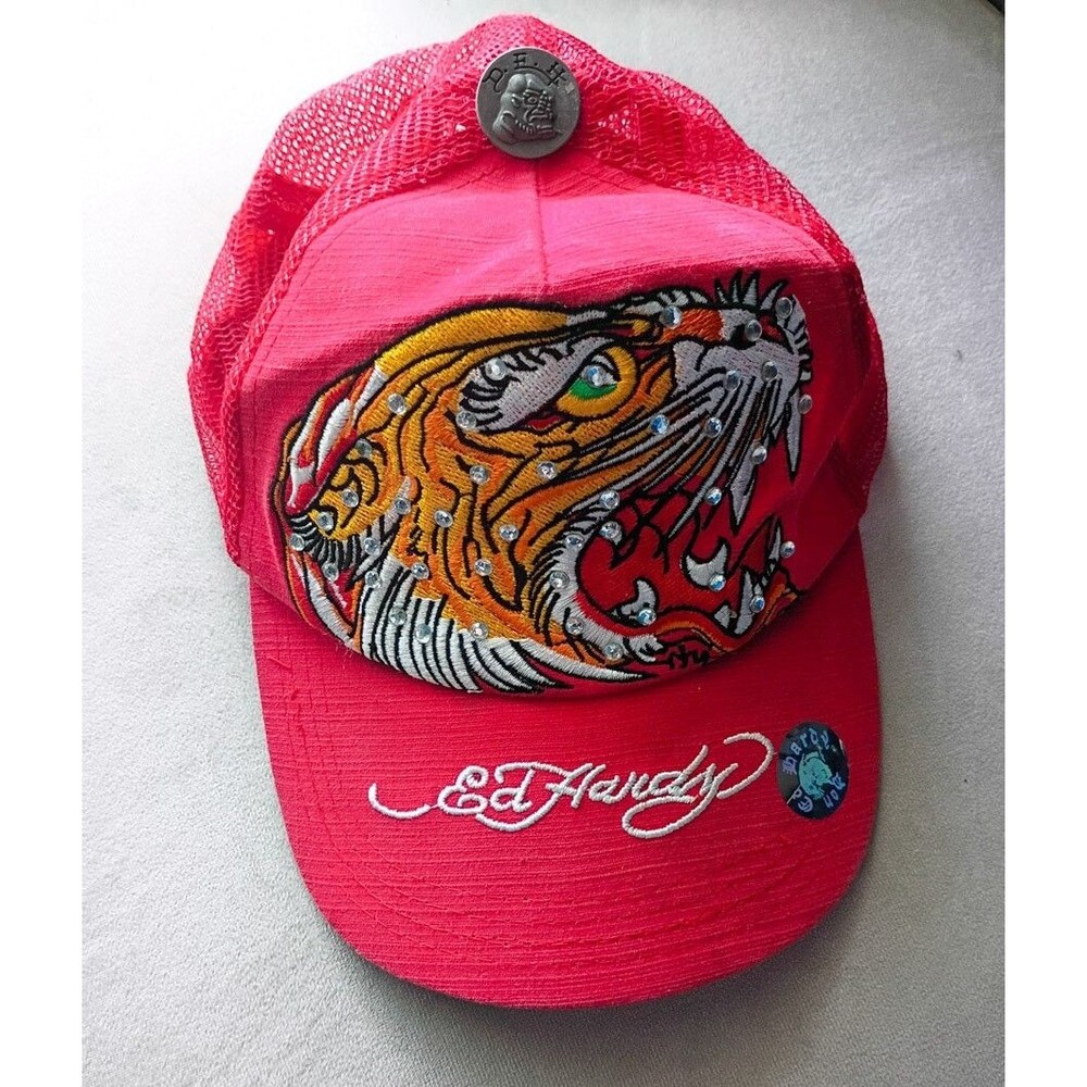 Ed Hardy Y2K Red Tiger Tattoo Trucker Hat Mesh Rhinestone Snapback Hat